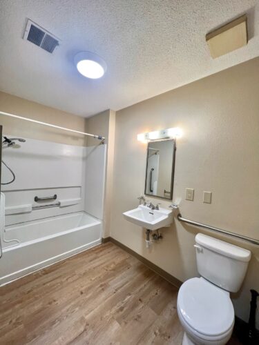 The bathroom in a living space offered through affordable housing services